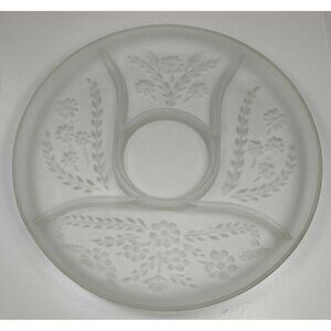 Vintage Large Frosted Glass Carved Flowers & Leaves 4 Slots Tray Serving Platter